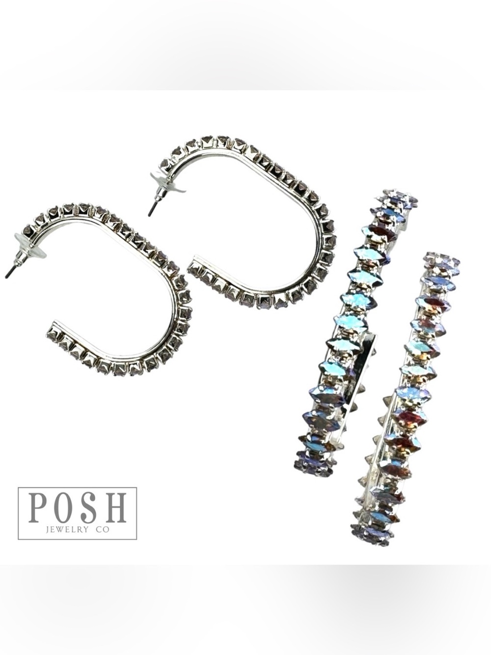 Posh Silver Hoop & Crystal Bar Earrings in Iridescent Blue-Purple